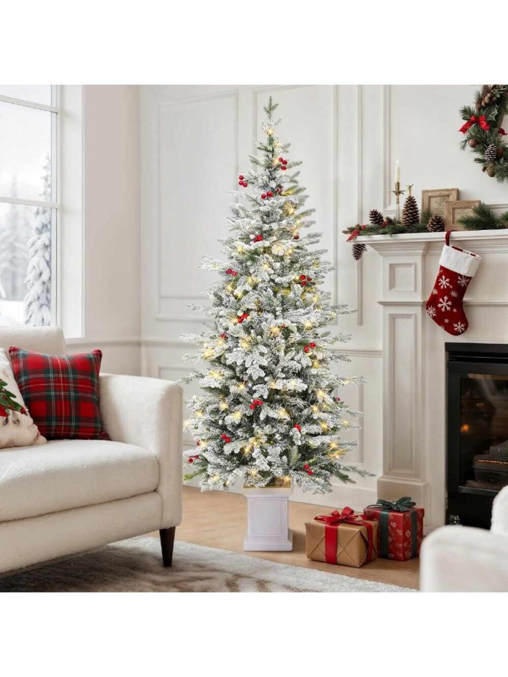 6ft Potted Prelit Flocked Arctic Fir Pencil Christmas Tree